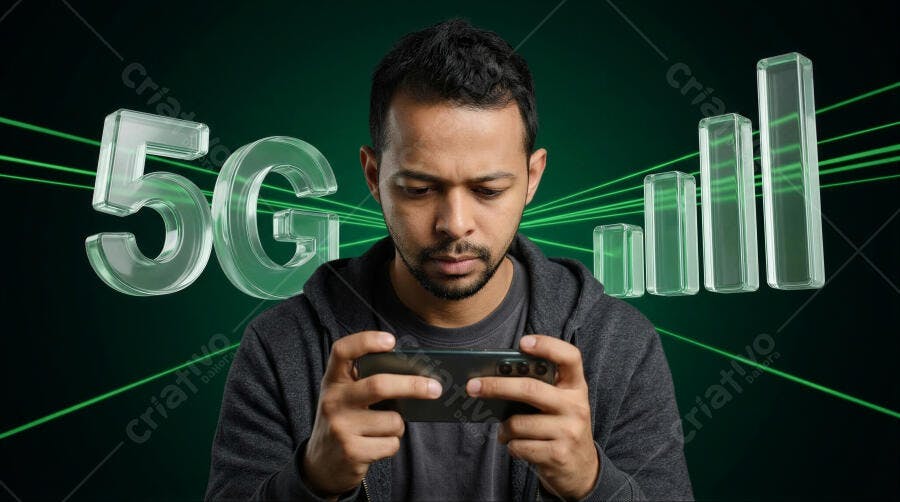 Foto Homem Jogando Celular Conexão 5G Fundo Verde