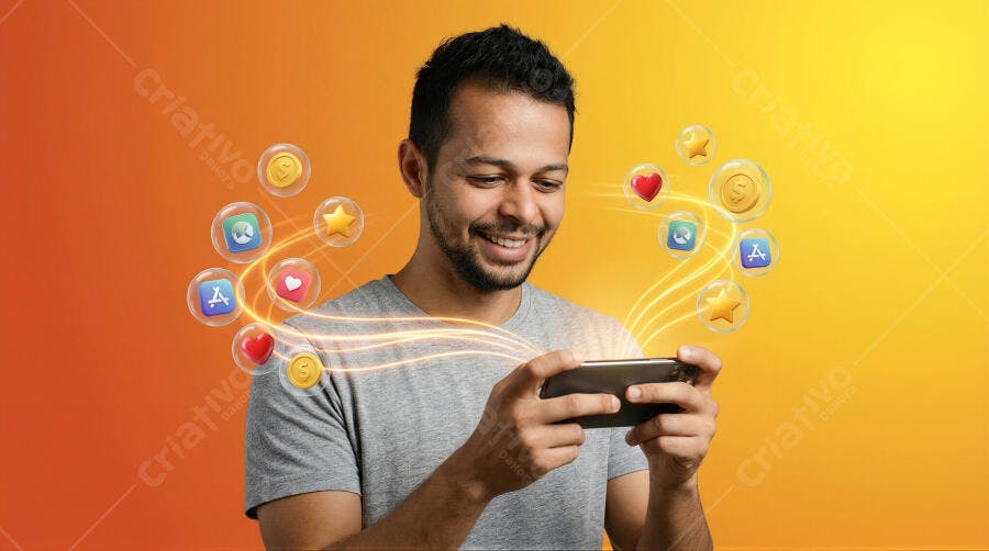 Foto Homem Jogando Celular Sorrindo Fundo Laranja Ícones Digitais