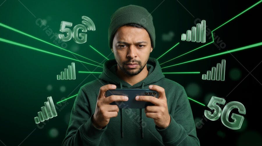 Foto Homem Jogando Celular Tecnologia 5G Fundo Verde