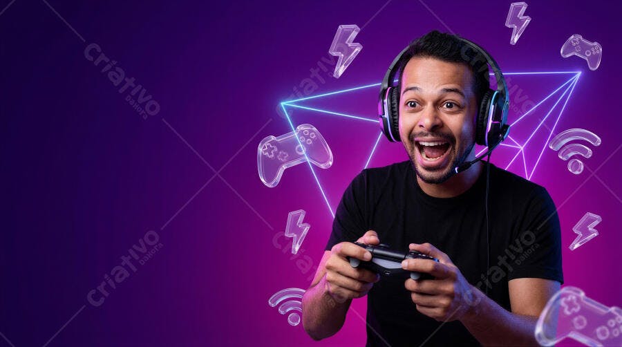 Foto Homem Jogando Videogame Fone de Ouvido Fundo Roxo Neon