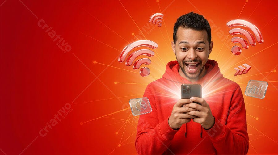 Foto Homem Jovem Animado Usando Celular Wi-Fi Rápido