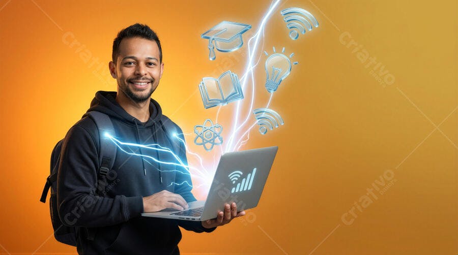 Foto Homem Jovem Estudante Sorrindo Usando Notebook Online