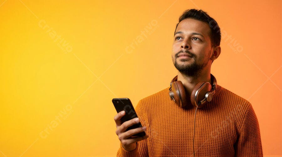 Foto Homem Jovem Olhando Cima Fone Ouvido Celular