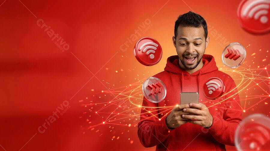 Foto Homem Jovem Sorrindo Usando Celular Conexão Wifi Rápida