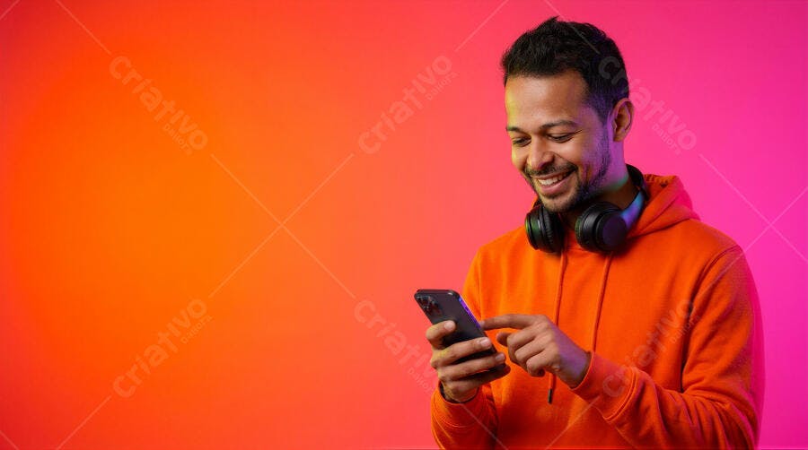 Foto Homem Jovem Sorrindo Usando Celular Fundo Degradê Laranja Rosa