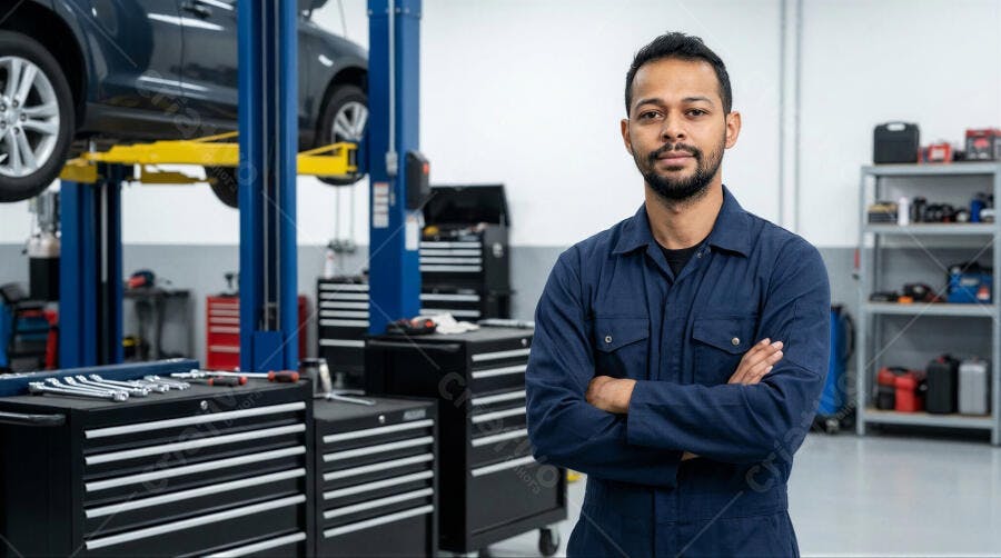 Foto Homem Mecânico Indiano Braços Cruzados Oficina Carros