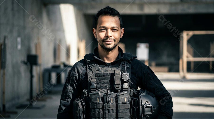 Foto Homem Militar Tático Sorrindo Campo de Tiro Treinamento