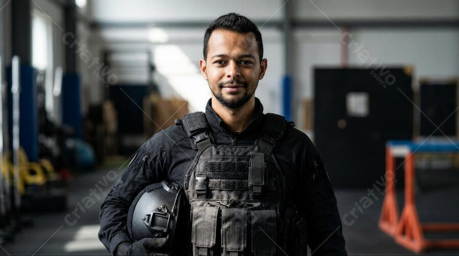 Foto Homem Militar Tático Sorrindo Capacete em Mãos Interno