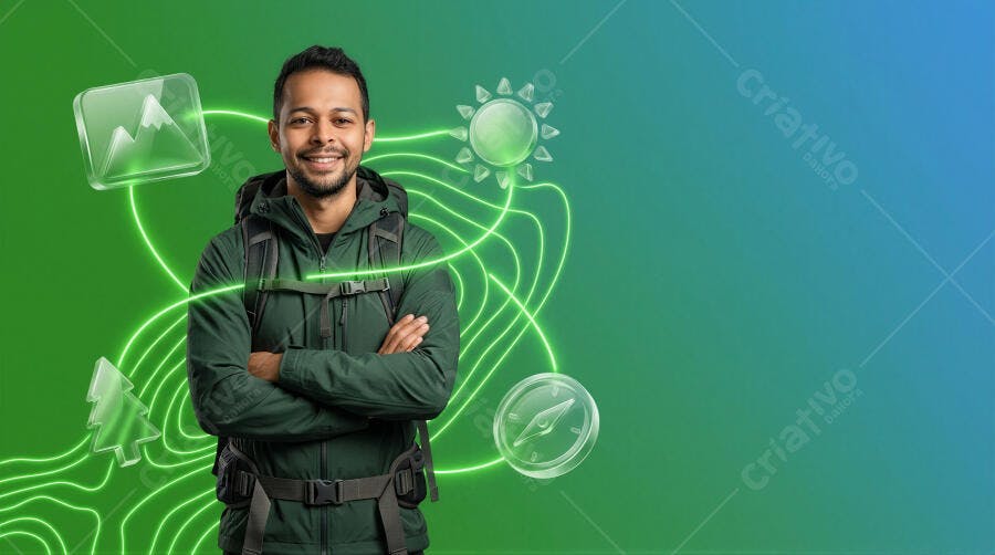 Foto Homem Mochileiro Sorrindo Fundo Verde Viagem Aventura