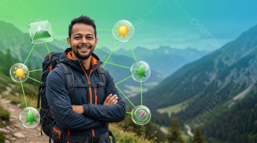 Foto Homem Mochileiro Sorrindo Trilha Montanha Natureza