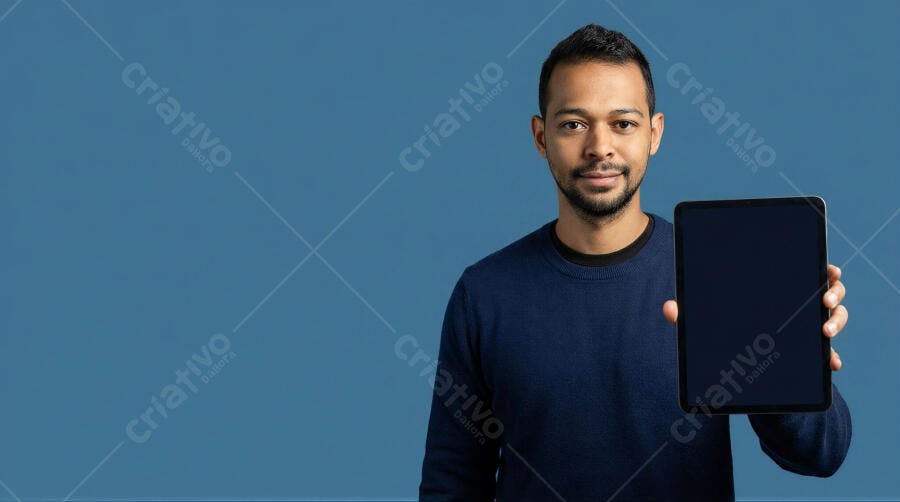 Foto Homem Negro Apresentando Tablet Tela Preta Fundo Azul