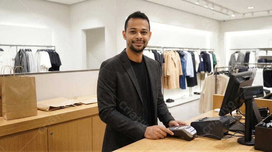 Foto Homem Negro Atendente Sorrindo Loja de Roupas Varejo
