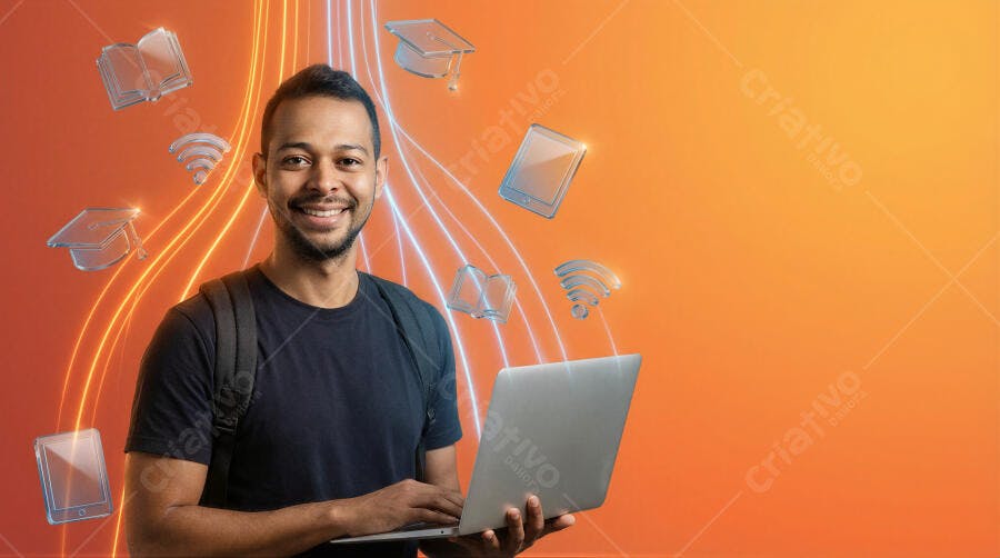 Foto Homem Negro Estudante Sorrindo Notebook Educação Online