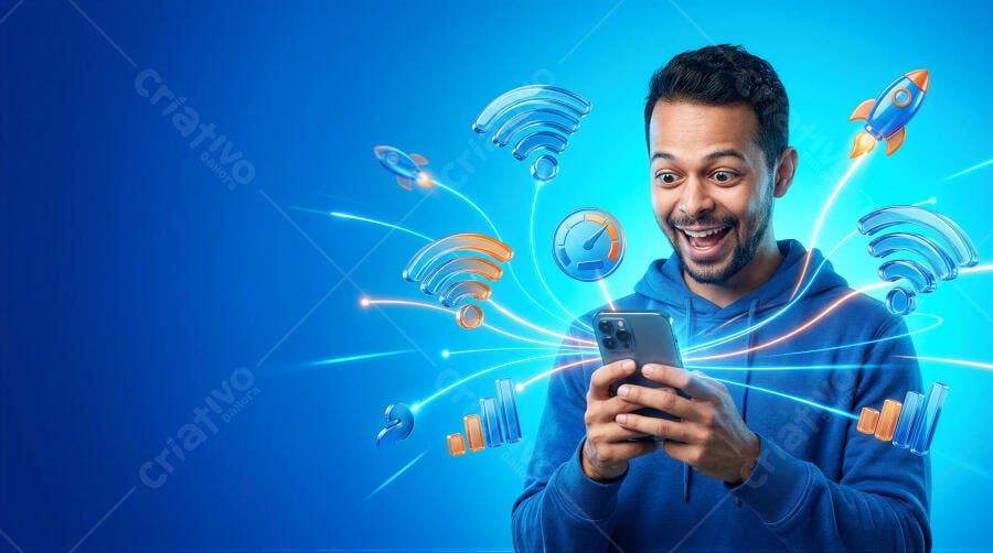 Foto Homem Negro Feliz Usando Celular Rápido Internet 5G