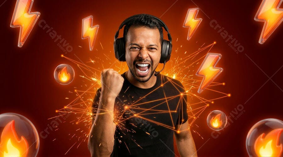 Foto Homem Negro Gamer Celebrando Vitória Fundo Vermelho Efeitos