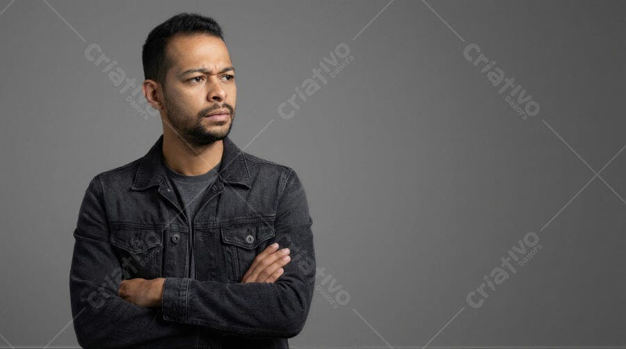 Foto Homem Negro Sério Braços Cruzados Fundo Cinza Estúdio