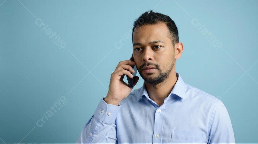 Foto Homem Negro Sério Falando Celular Fundo Azul