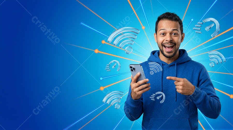 Foto Homem Negro Sorrindo Celular Conexão Rápida Fundo Azul