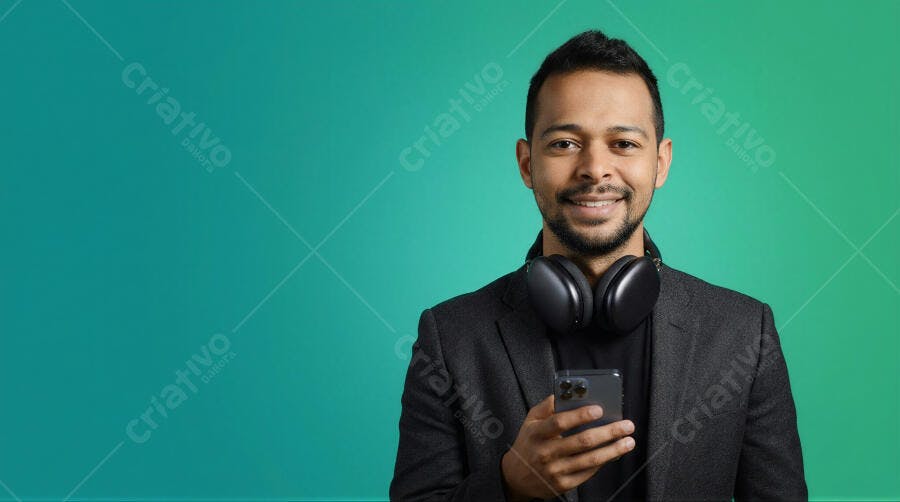 Foto Homem Negro Sorrindo Fones Celular Fundo Gradiente Verde