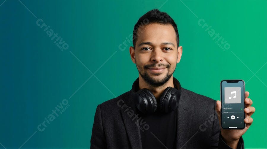 Foto Homem Negro Sorrindo Fones de Ouvido Segurando Celular Música