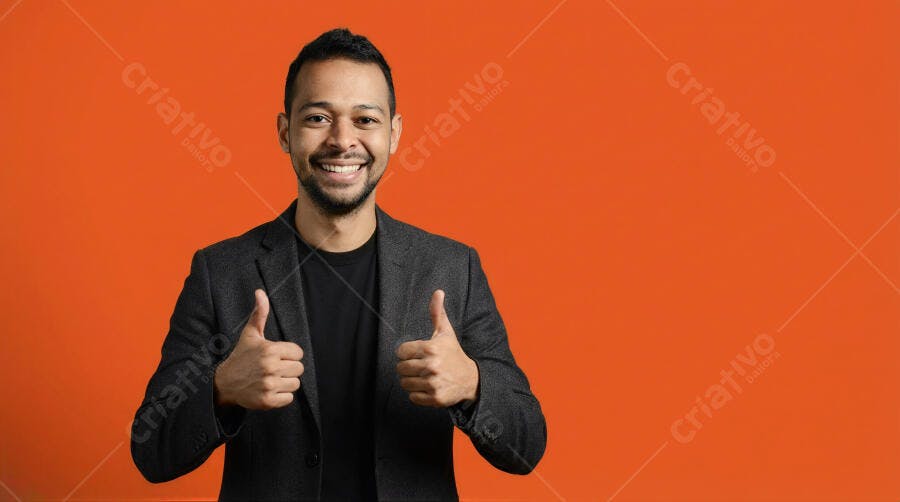 Foto Homem Negro Sorrindo Polegares para Cima Fundo Laranja