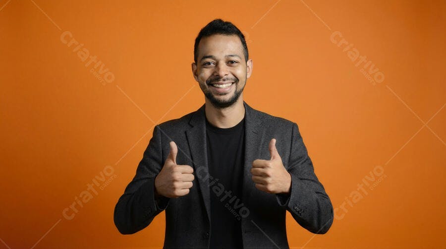 Foto Homem Negro Sorrindo Polegares para Cima Fundo Laranja