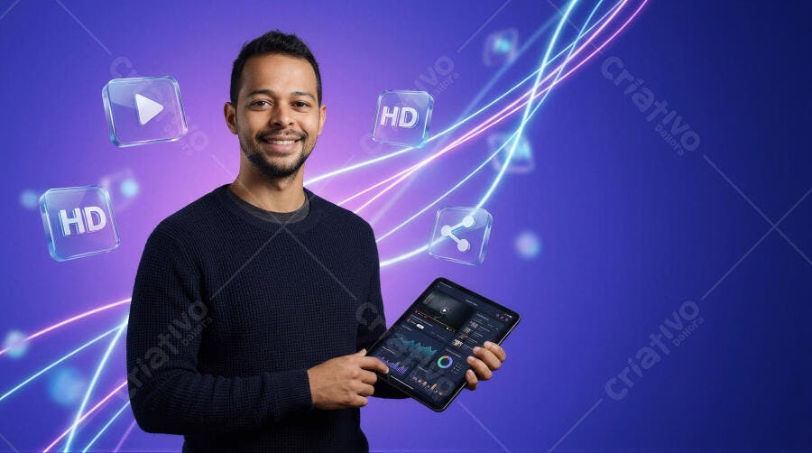 Foto Homem Negro Sorrindo Segurando Tablet Fundo Digital Neon