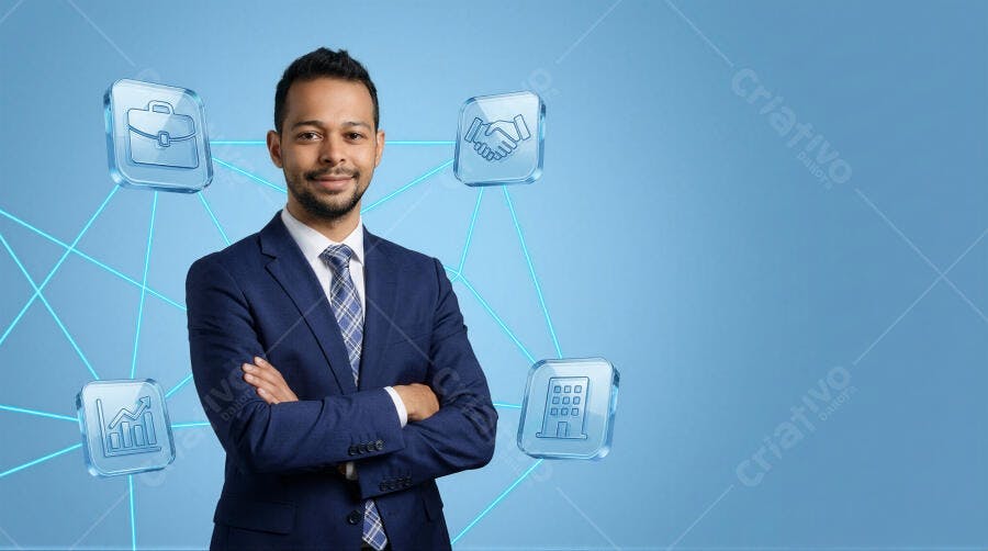 Foto Homem Negro Sorrindo Terno Braços Cruzados Fundo Azul Negócios