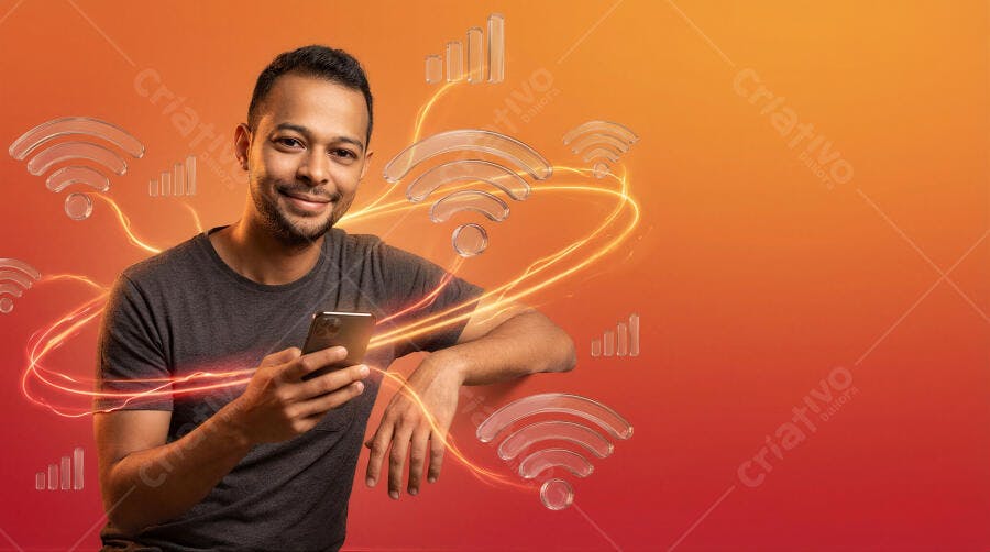 Foto Homem Negro Sorrindo Usando Celular Conectividade