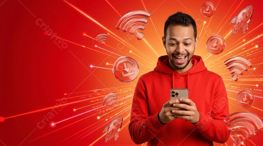 Foto Homem Negro Sorrindo Usando Celular Fundo Vermelho Conexão