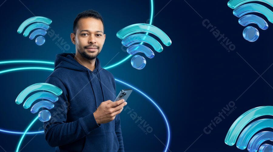 Foto Homem Negro Usando Celular Símbolos Wi-Fi Conexão Digital