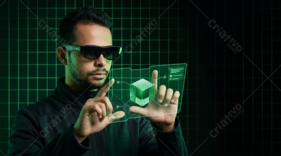 Foto Homem Óculos VR Interagindo Realidade Virtual Tecnologia