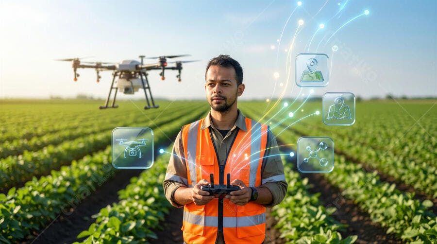 Foto Homem Operando Drone Agrícola em Campo de Soja