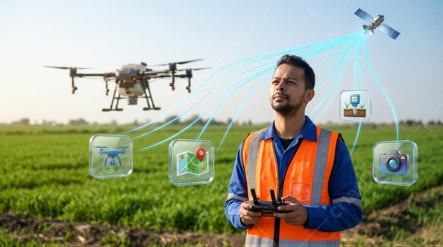 Foto Homem Operando Drone Agrícola Tecnologia Campo Aberto