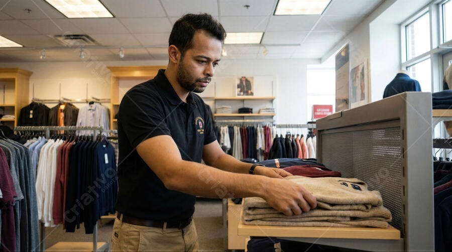 Foto Homem Organizando Roupas Loja de Departamento Varejo