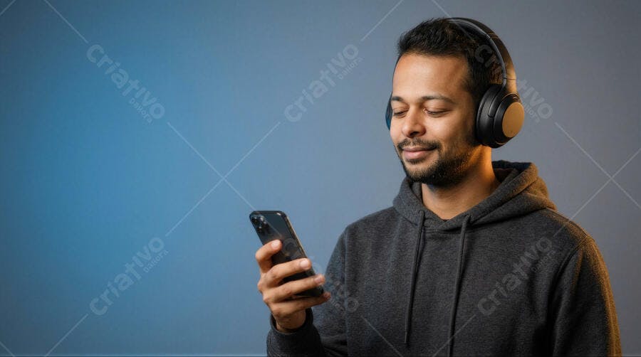 Foto Homem Ouvindo Música Fone de Ouvido Celular Fundo Azul