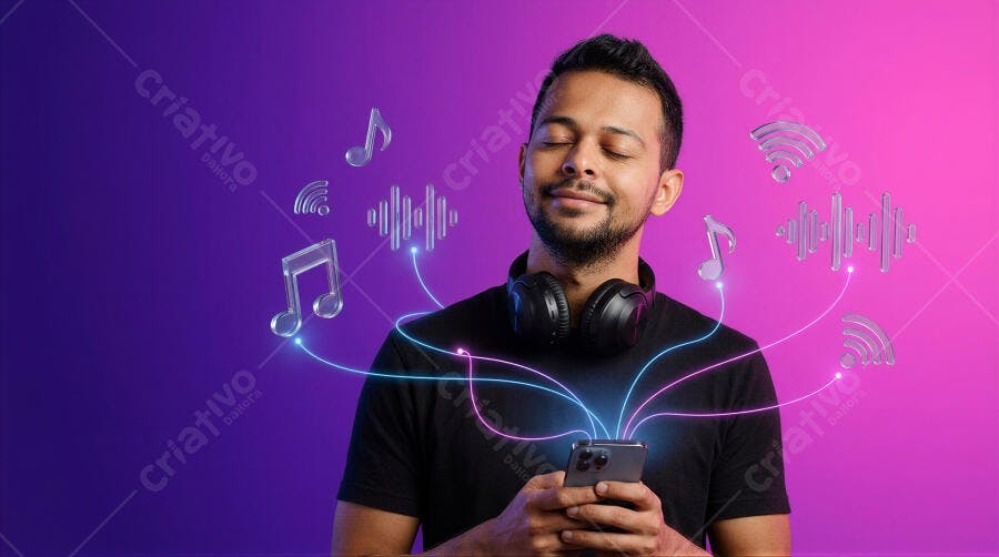 Foto Homem Ouvindo Música Fone de Ouvido Celular Fundo Roxo