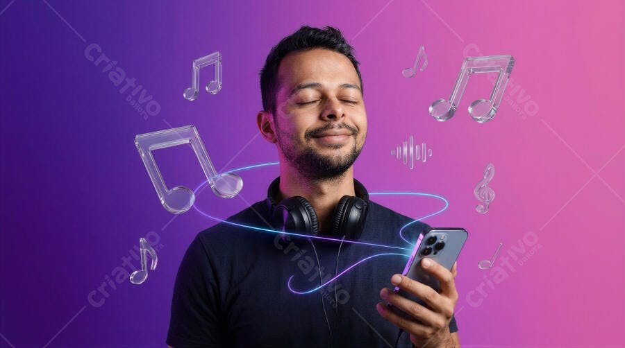 Foto Homem Ouvindo Música Fone de Ouvido Celular Fundo Roxo Rosa