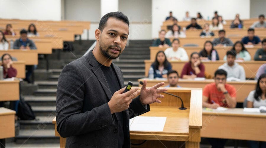 Foto Homem Palestrante Apresentando Aula Universitária Auditório