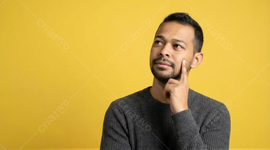 Foto Homem Pensando Olhando para Cima Fundo Amarelo Estúdio