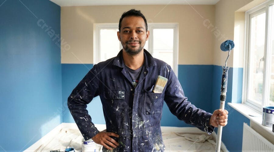 Foto Homem Pintor Sorrindo Reformando Casa Quarto