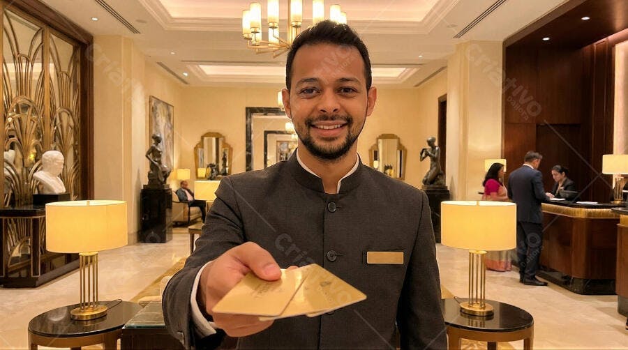 Foto Homem Recepcionista Sorrindo Entregando Cartões Hotel Luxo