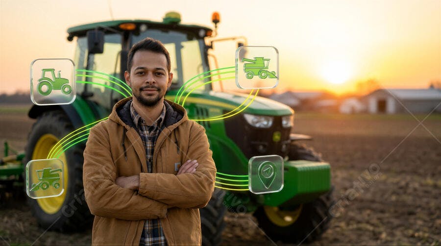 Foto Homem Sorrindo Agricultura Digital Trator Fazenda Pôr do Sol