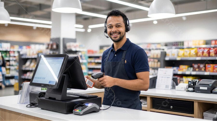 Foto Homem Sorrindo Atendente de Supermercado Caixa Registradora