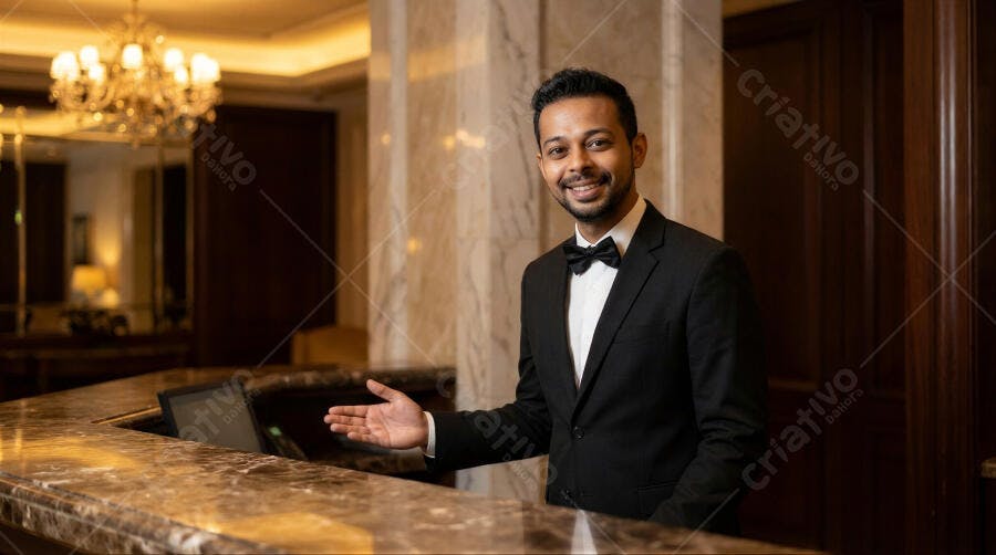 Foto Homem Sorrindo Balcão Recepção Hotel Luxo