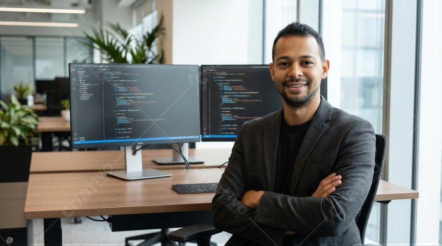 Foto Homem Sorrindo Braços Cruzados Escritório Moderno