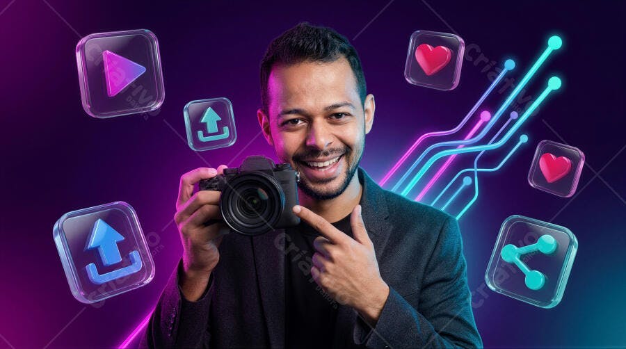 Foto Homem Sorrindo Câmera Digital Marketing Conteúdo Online