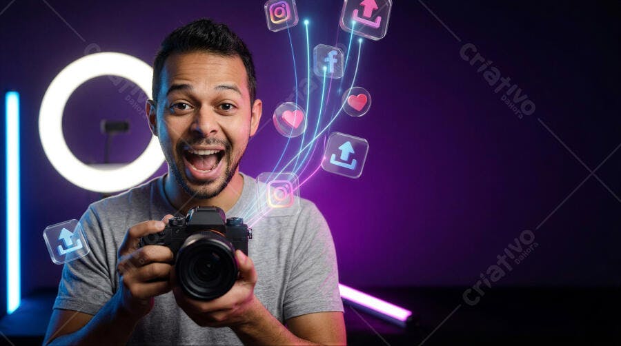 Foto Homem Sorrindo Câmera Digital Marketing Mídias Sociais