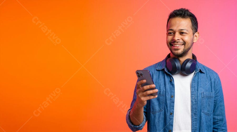 Foto Homem Sorrindo Celular Fones de Ouvido Fundo Laranja Rosa