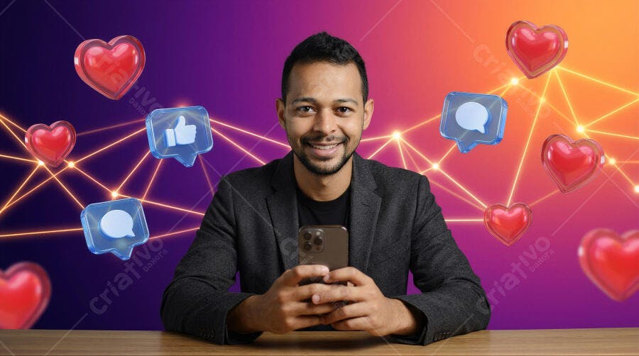 Foto Homem Sorrindo Celular Mídias Sociais Marketing Digital